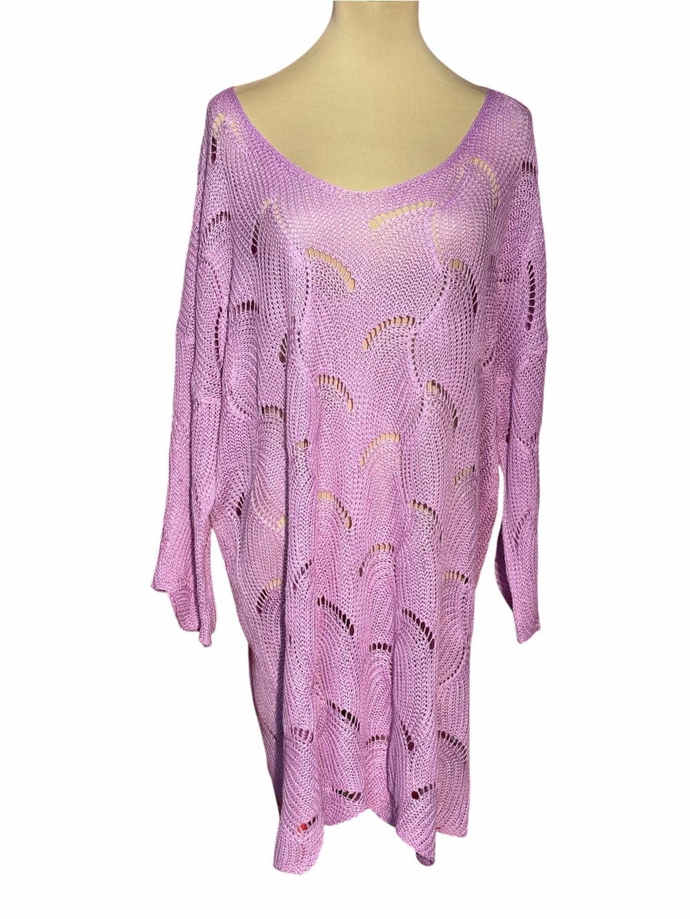 SHEIN Lavender Open Knit Off Shoulder Sweater Size 2XL Distressed Boho